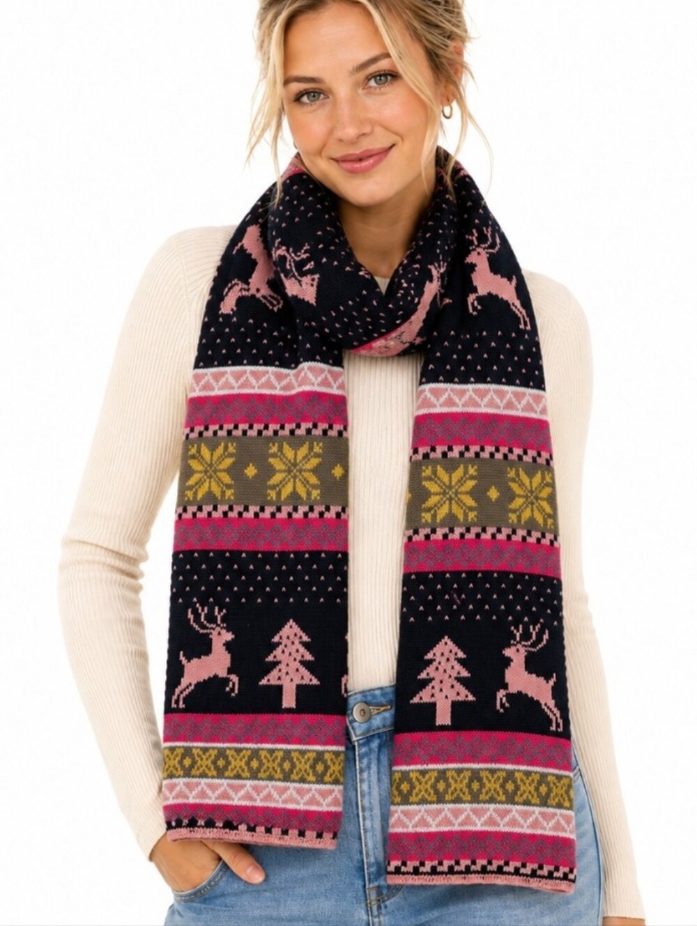 Women’s Reindeer Fair Isle Knit Scarf Colorful Nordic Winter